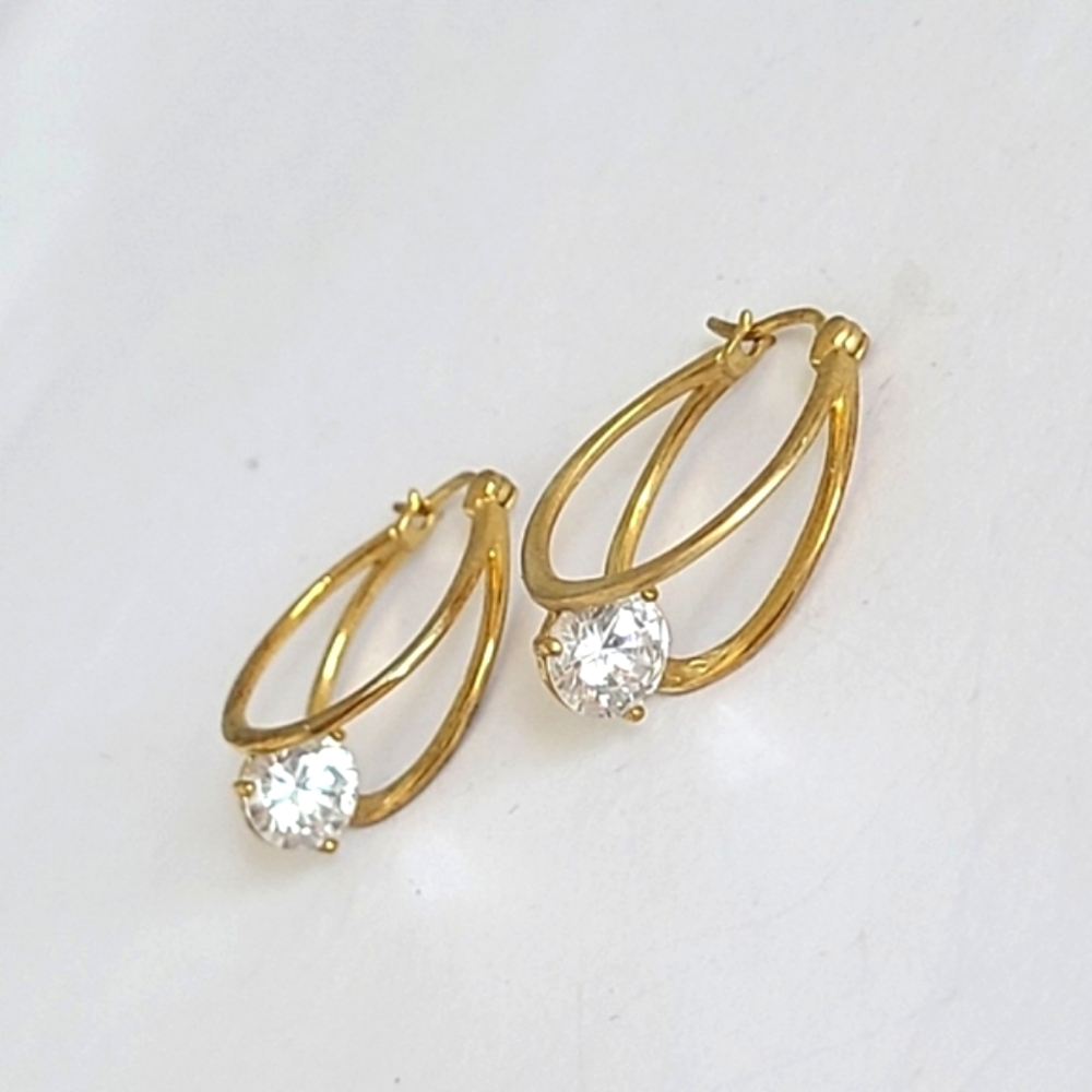 Vintage Gold Plated Sterling Silver CZ Crystal Solitaire 1" Hoop Drop Earrings